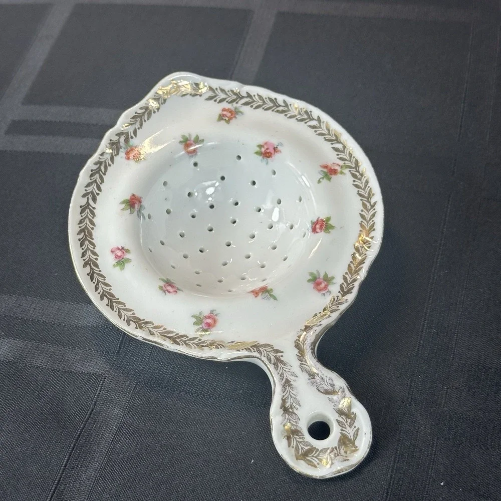 Antique Porcelain Handled Tea Strainer Pink‎ Roses Gold Laurel Shabby Chic